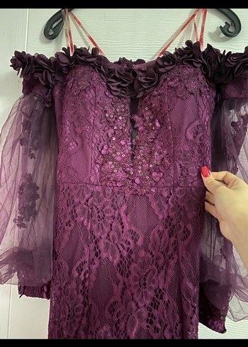 Uzun Kollu Straplez Mor Abiye Elbise - Görsel 2