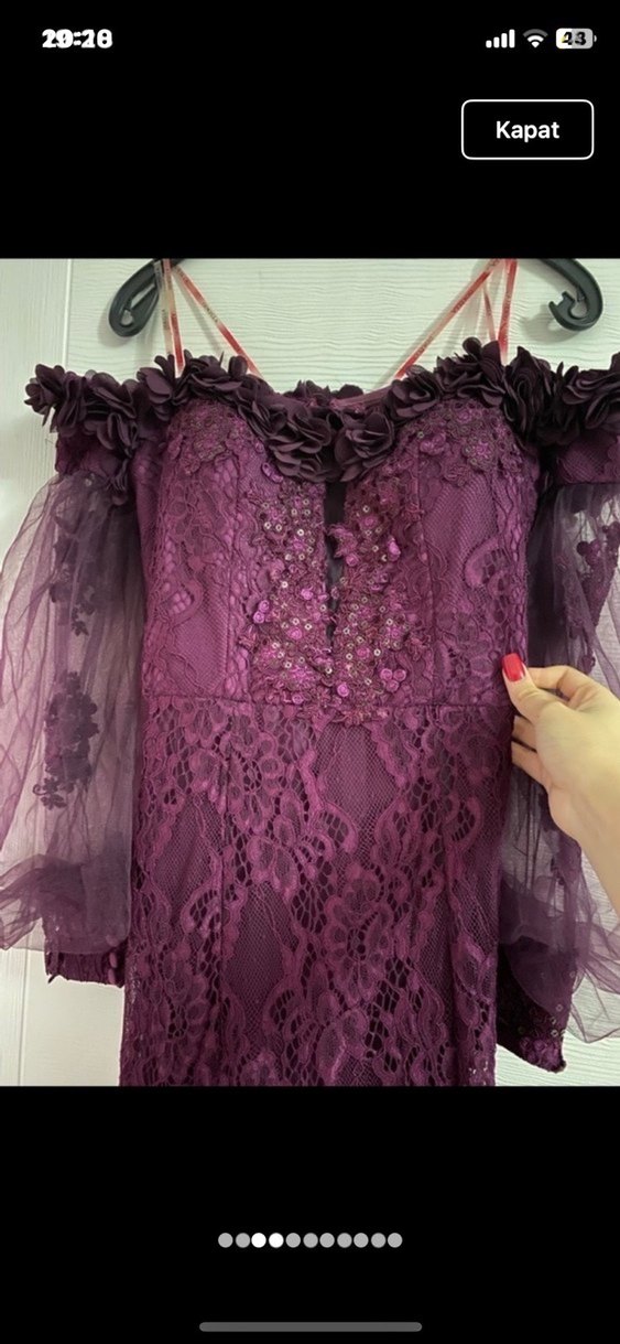 Uzun Kollu Straplez Mor Abiye Elbise - Görsel 2