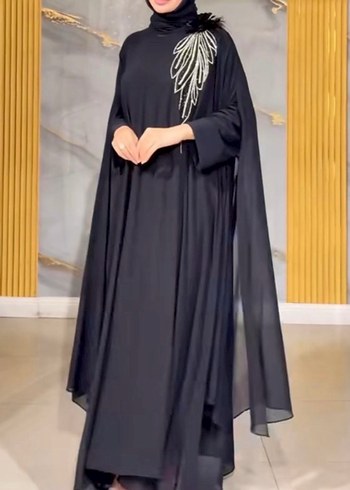 Siyah Uzun Kollu Drapeli Kadın tesettür elbise - Görsel 2