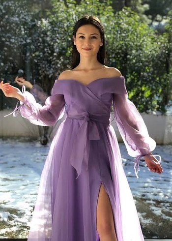 Uzun Kollu Mor Drapeli Abiye Elbise - Görsel 2