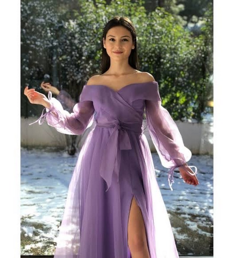 Uzun Kollu Mor Drapeli Abiye Elbise - Görsel 2