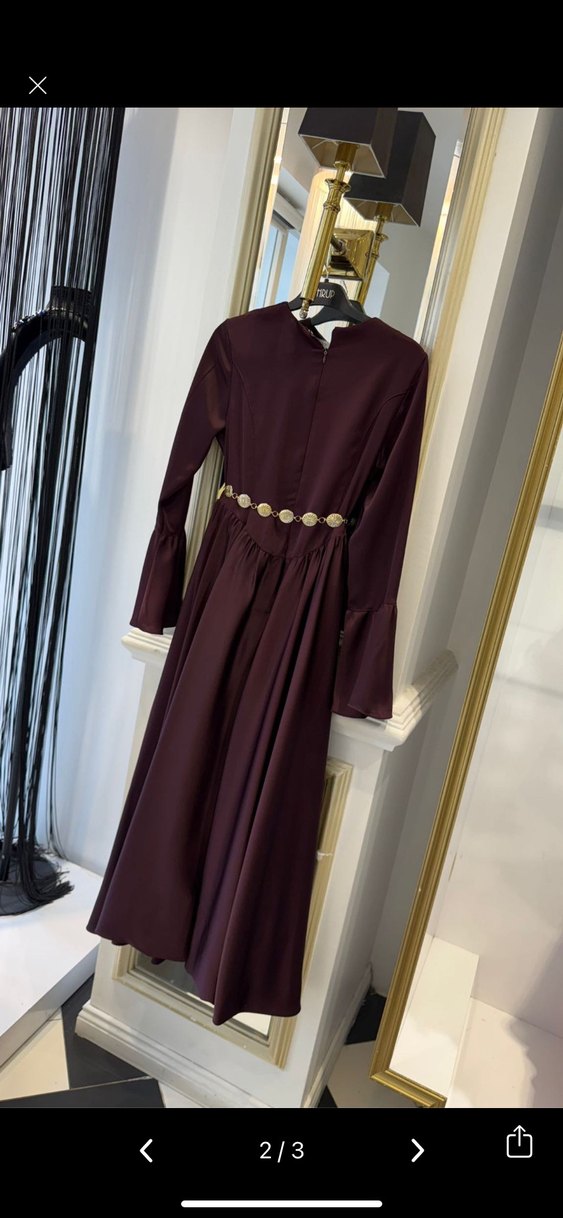 Bordo Zincir Detaylı Bohem Uzun Elbise - Görsel 2