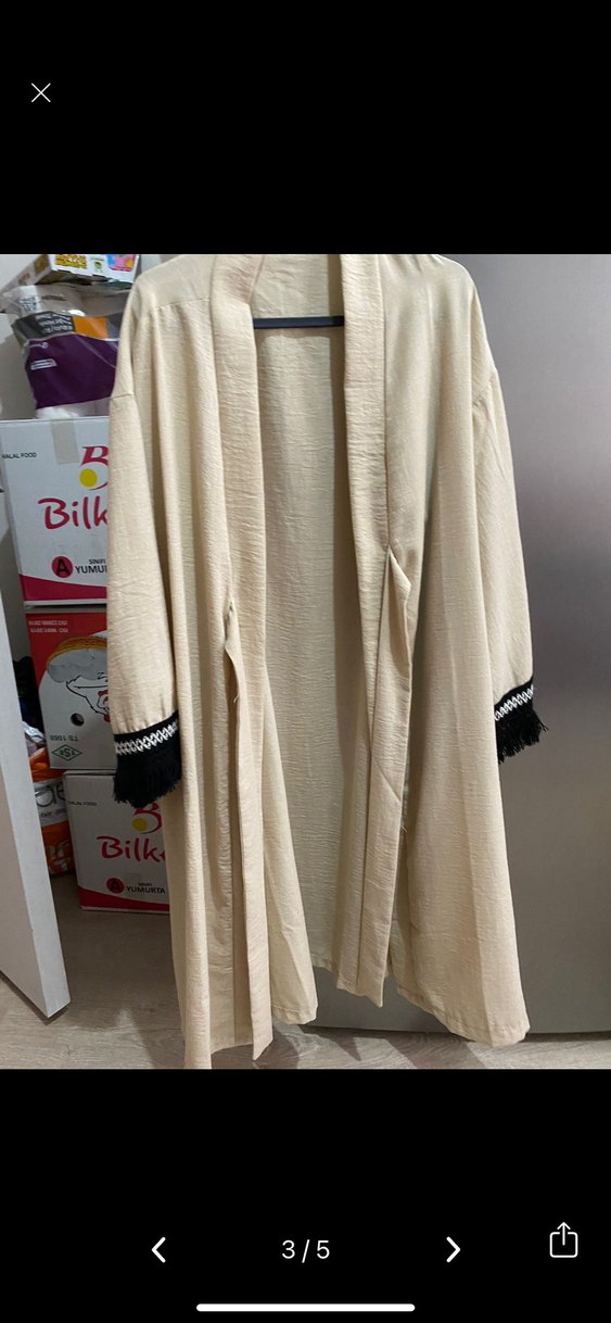 Bej Nakışlı Uzun Kollu Bohem Kimono - Görsel 3