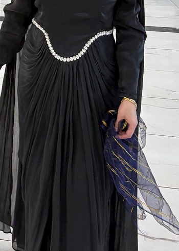 Siyah Uzun Kollu Drapeli Abiye Elbise - Görsel 2