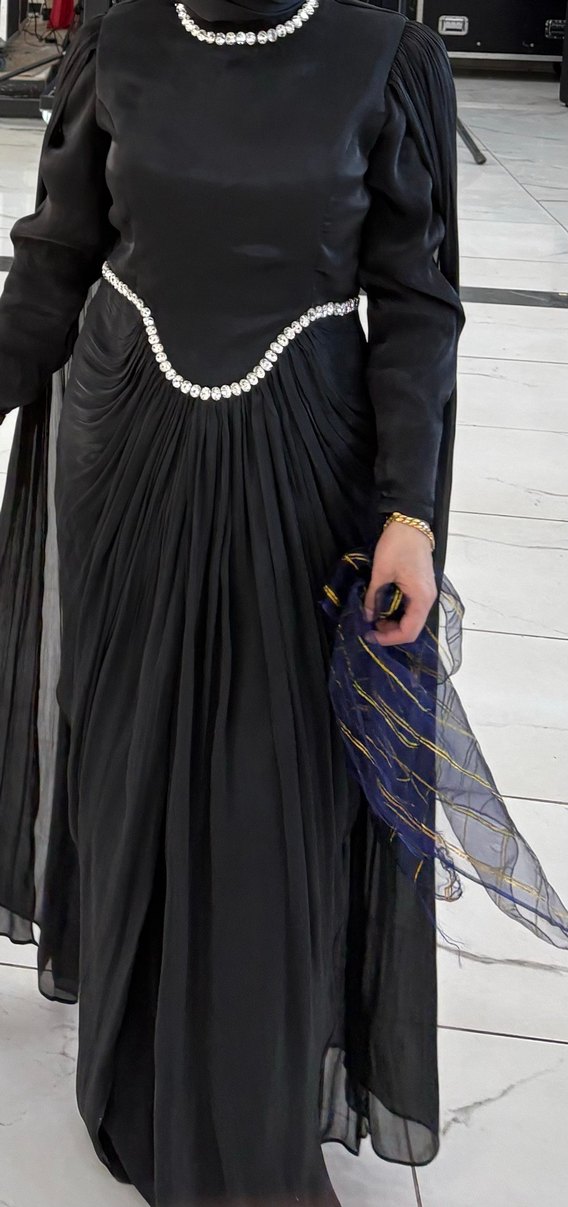 Siyah Uzun Kollu Drapeli Abiye Elbise - Görsel 2