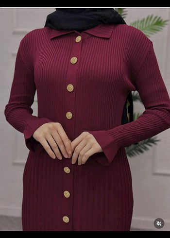 Bordo Uzun Düğmeli Triko Elbise - Görsel 3