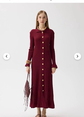 Bordo Uzun Düğmeli Triko Elbise - Görsel 4