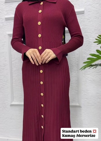 Bordo Uzun Düğmeli Triko Elbise - Görsel 2