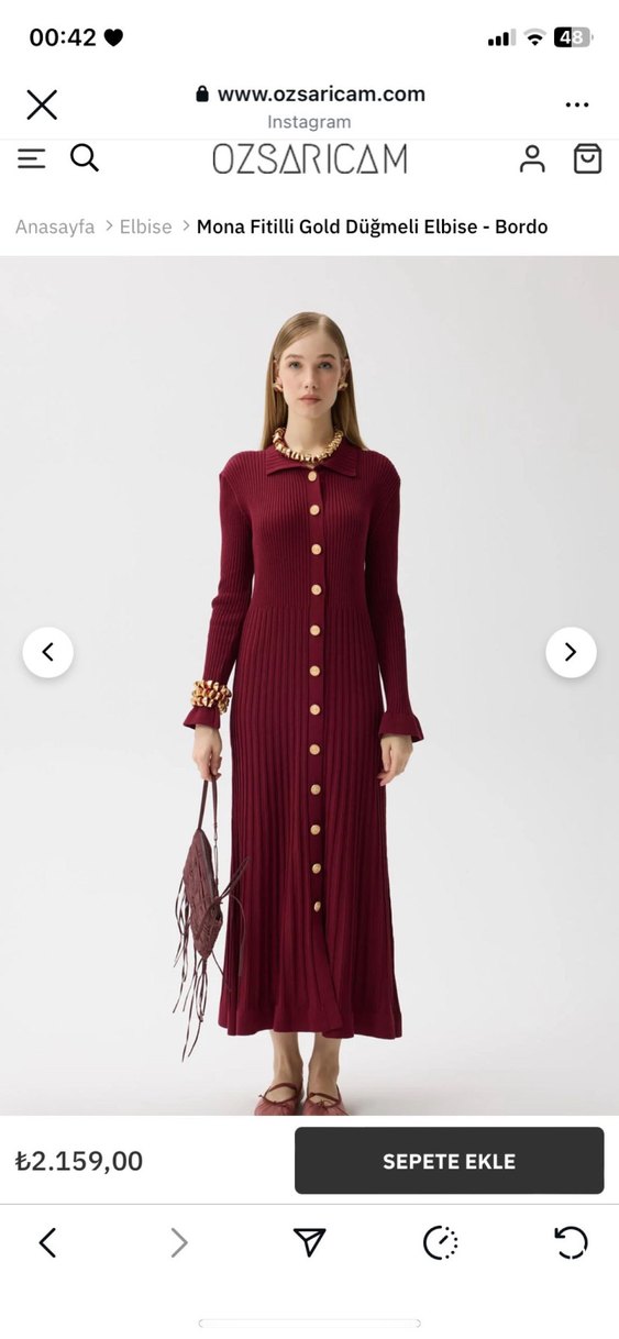 Bordo Uzun Düğmeli Triko Elbise - Görsel 4