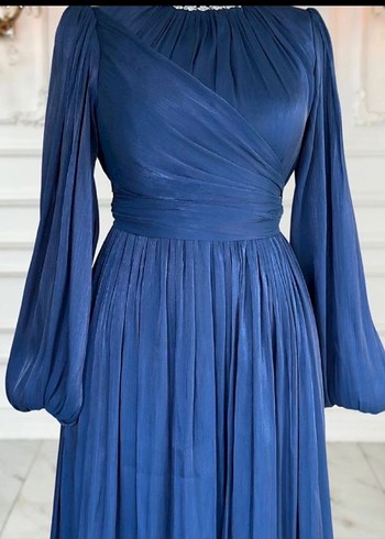 Lacivert Piliseli Uzun Abiye Elbise - Görsel 2