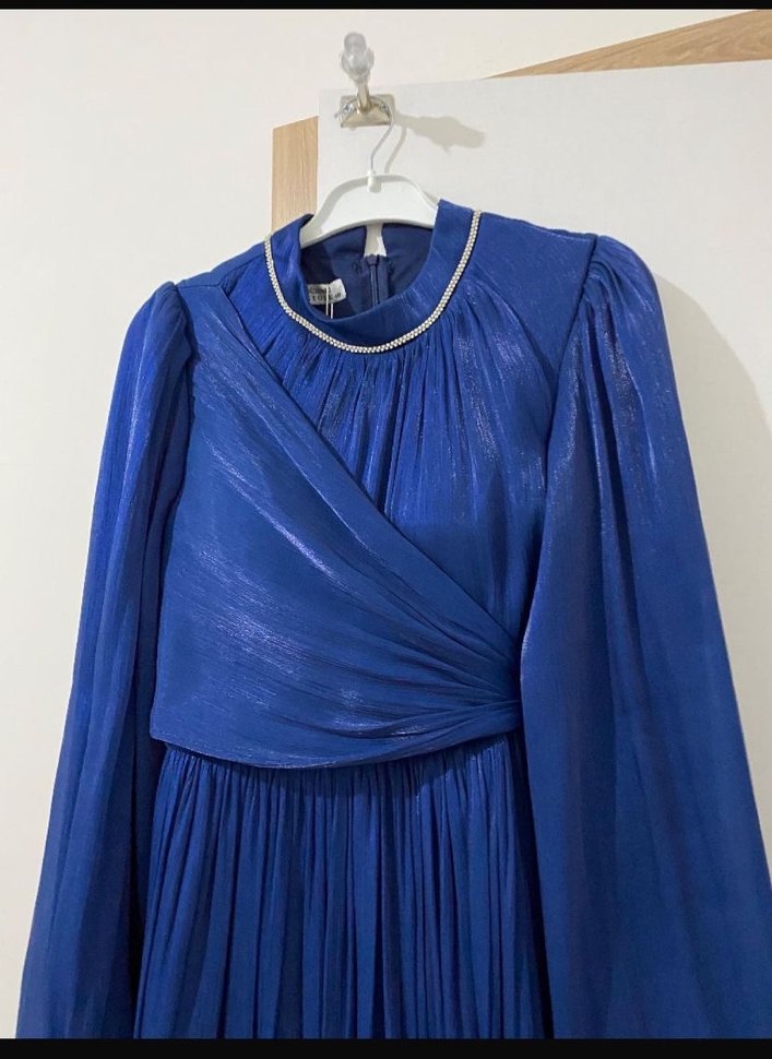 Lacivert Piliseli Uzun Abiye Elbise - Görsel 3