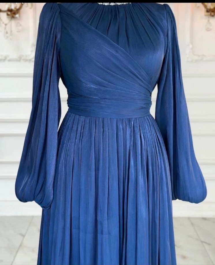 Lacivert Piliseli Uzun Abiye Elbise - Görsel 2