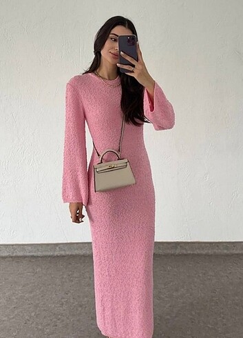 Triko uzun elbise pembe renk L beden