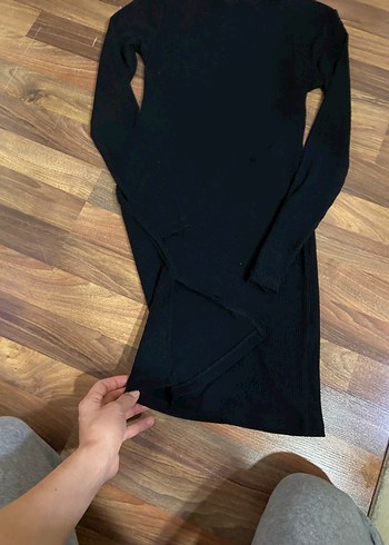 Siyah Yünlü Uzun Kollu Yüksek Yakalı Elbise - Görsel 2