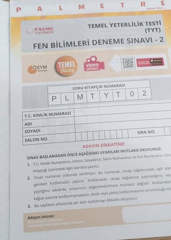 TYT Fen Bilimleri Deneme Sınavı 20'li Palme