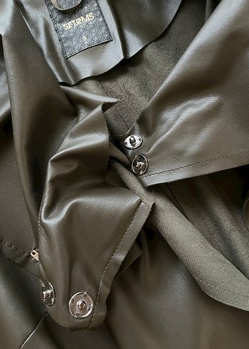 setrms Kemerli Kolsuz Uzun Deri Trençkot - Görsel 4