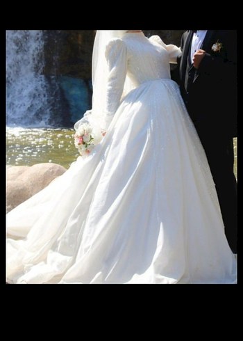 Uzun Kollu Beyaz Prenses Gelinlik - Görsel 3