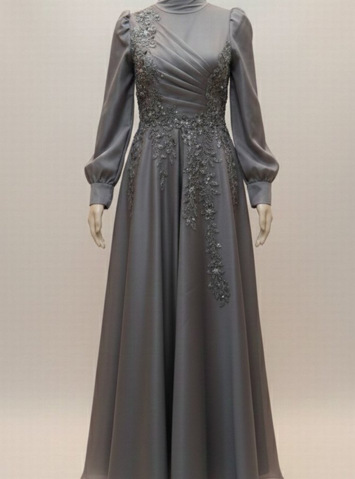 AcillUzun Kollu Gri İşlemeli Abiye Elbise - Görsel 4