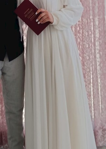 Yüksek Yakalı Beyaz Uzun Kadın Nikah Elbise - Görsel 2