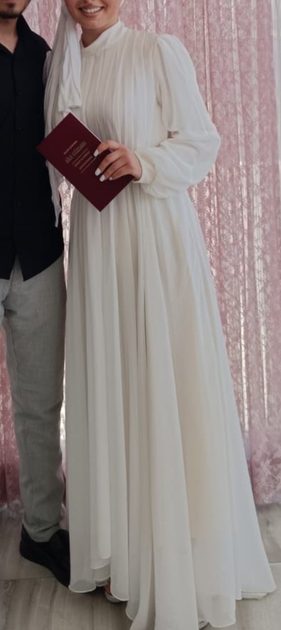 Yüksek Yakalı Beyaz Uzun Kadın Nikah Elbise - Görsel 2