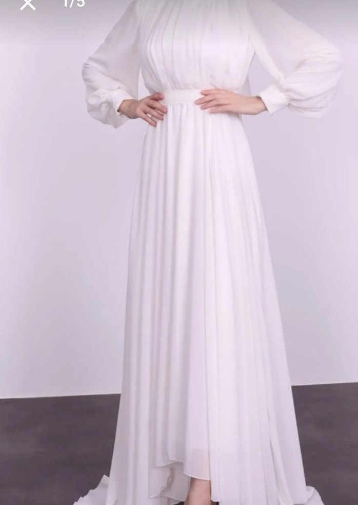 Yüksek Yakalı Beyaz Uzun Kadın Nikah Elbise - Görsel 3