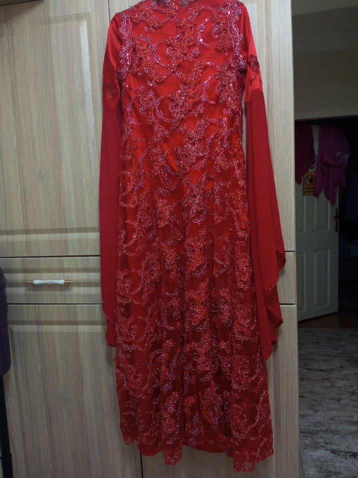 Klasik Zarafet Kırmızı Uzun Kol Nakışlı Kadın bindallı - Görsel 2