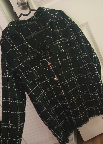 Düğmeli Siyah Kareli Midi Kadın Ceket - Görsel 4