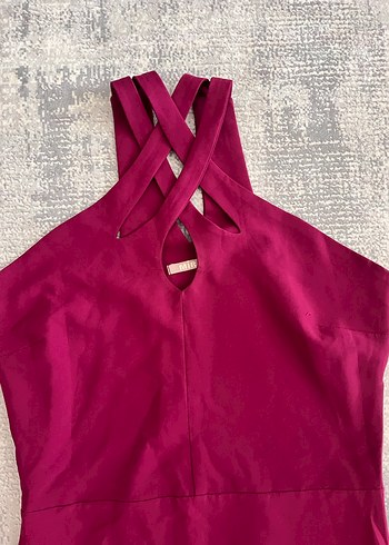 Bordo Uzun V Yaka Drapeli Kadın Abiye Elbise - Görsel 3