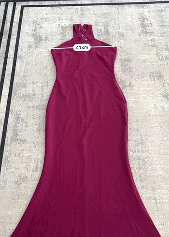 Bordo Uzun V Yaka Drapeli Kadın Abiye Elbise - Görsel 7