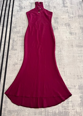 Bordo Uzun V Yaka Drapeli Kadın Abiye Elbise - Görsel 2