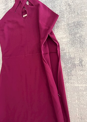 Bordo Uzun V Yaka Drapeli Kadın Abiye Elbise - Görsel 4