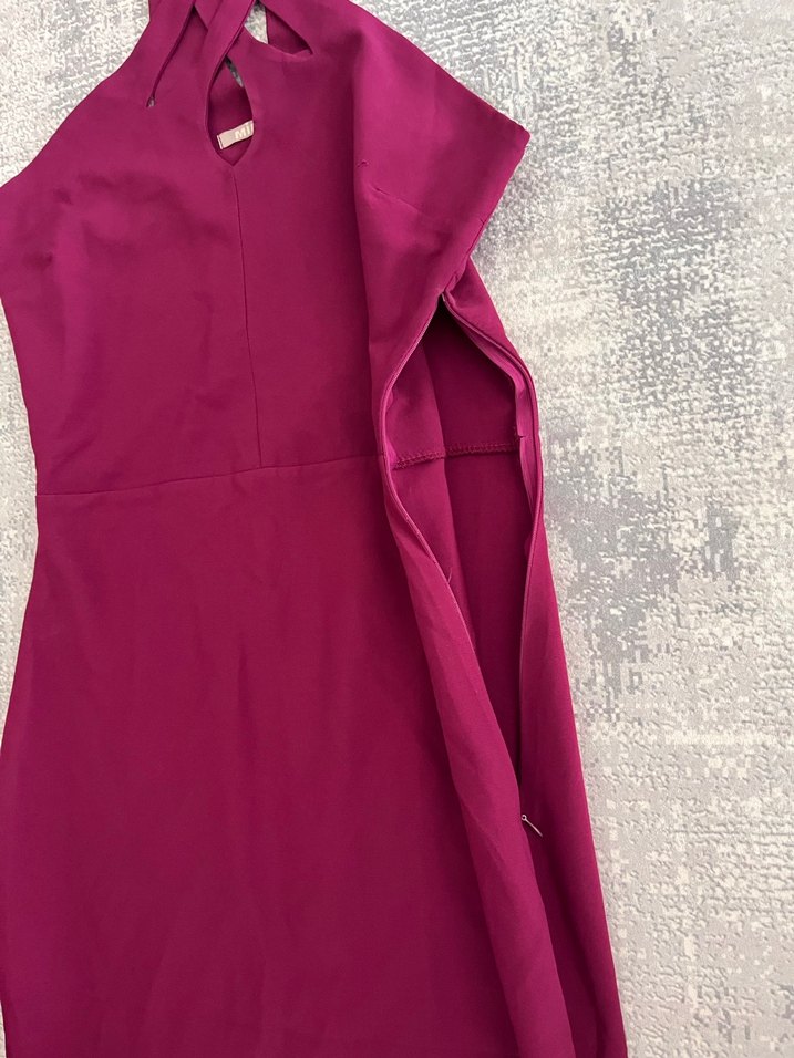 Bordo Uzun V Yaka Drapeli Kadın Abiye Elbise - Görsel 4