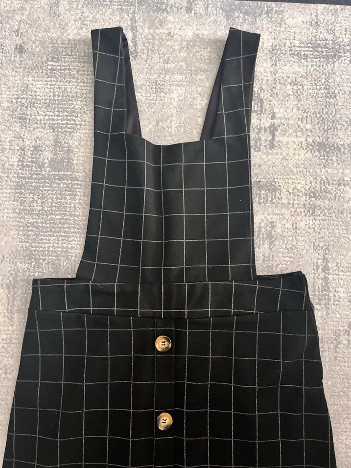 Düğmeli Siyah Kareli Midi elbise - Görsel 3