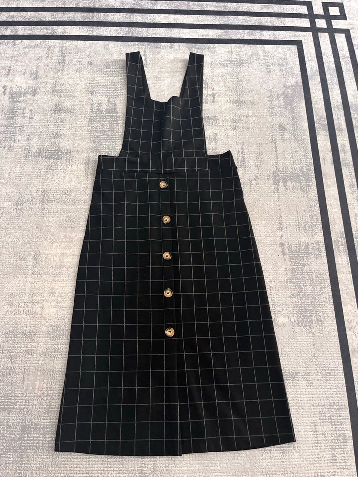 Düğmeli Siyah Kareli Midi elbise - Görsel 2