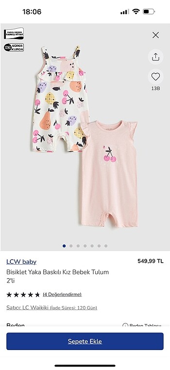 LCW kız bebek ikili yazlık tulum 18-24 ay