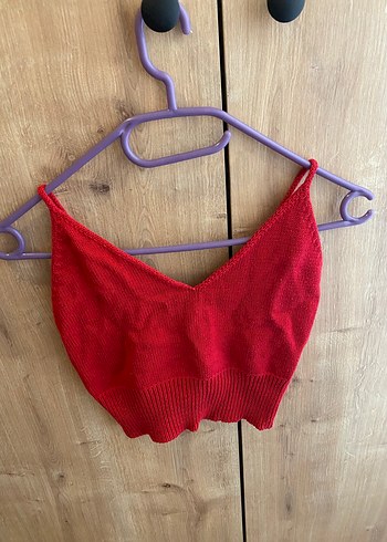 Kırmızı V Yaka Örgü Mini Crop Top