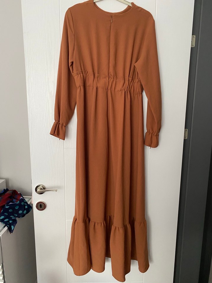 Uzun Bej Kadın Elbise, Fırfırlı, Salaş - Görsel 2