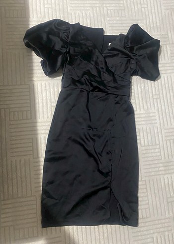 Siyah V Yaka Drapeli Midi Elbise - Görsel 2