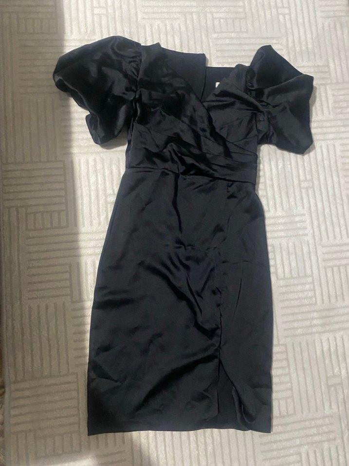 Siyah V Yaka Drapeli Midi Elbise - Görsel 2