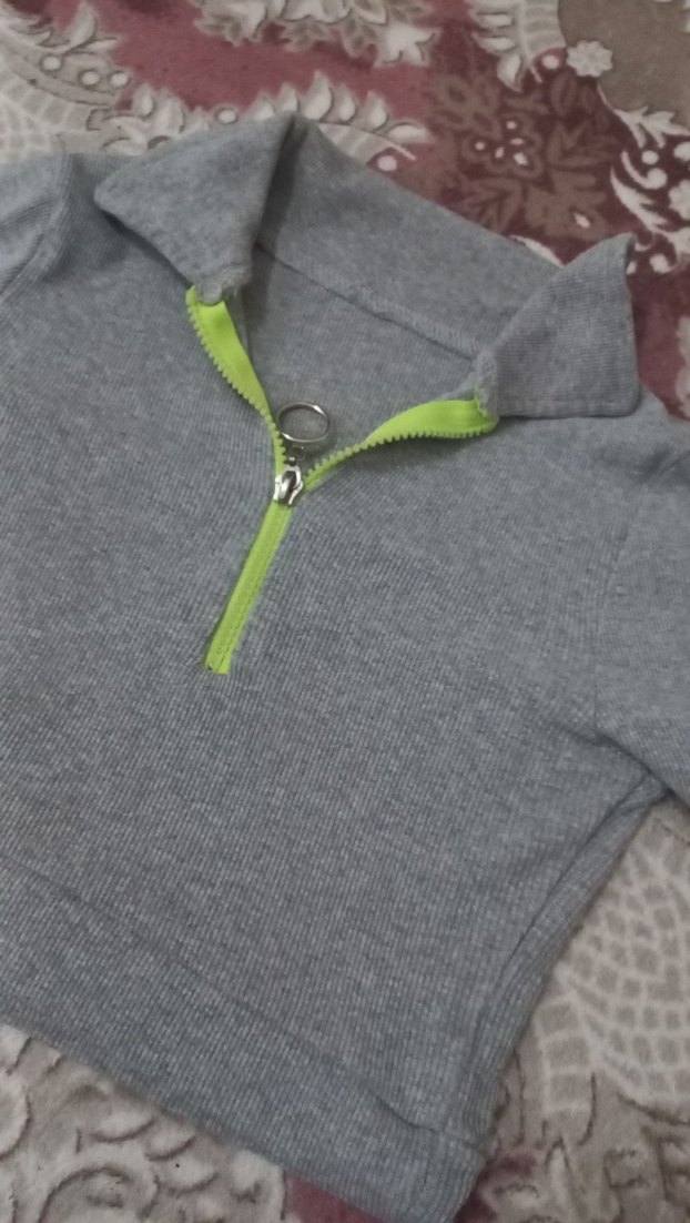 Gri Kısa Kollu Fermuarlı Kadın Sweatshirt - Görsel 2