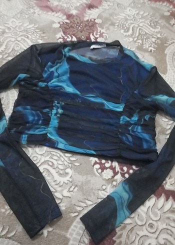 Kadın Mavi Bağlama Desenli Dar Kesim Bluz - Görsel 4