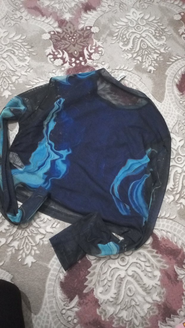 Kadın Mavi Bağlama Desenli Dar Kesim Bluz - Görsel 5