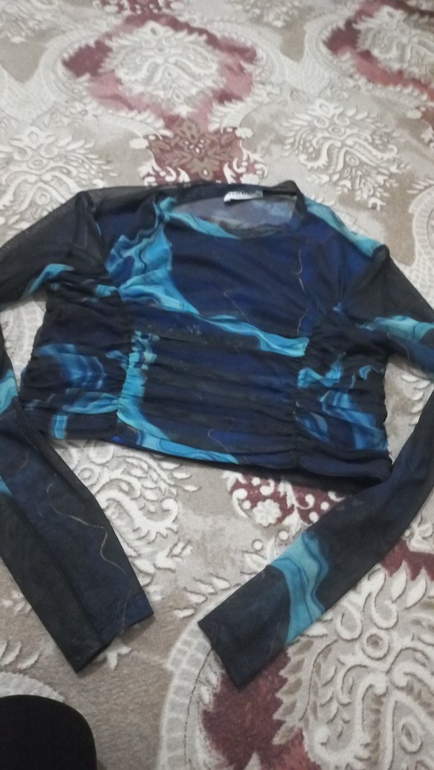 Kadın Mavi Bağlama Desenli Dar Kesim Bluz - Görsel 4