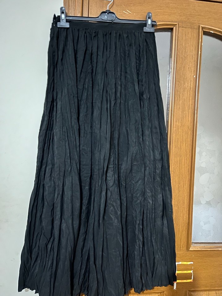 Kadın Siyah Uzun Keten Pilili Etek - Görsel 2