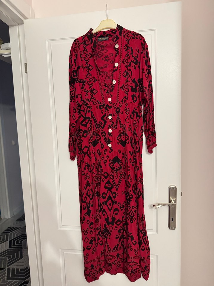 Bordo Desenli Bohem Uzun Elbise - Görsel 3