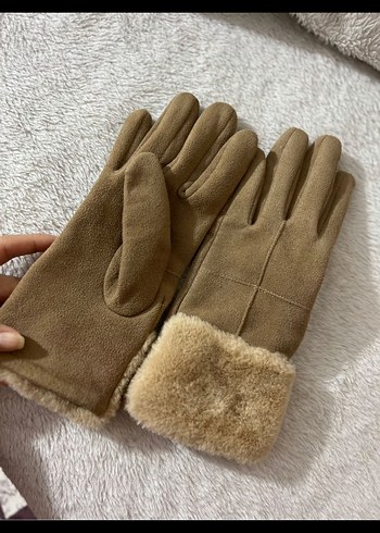 Bej Süet Kadın Eldiven Kürklü Detaylı - Görsel 4