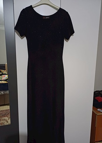 Siyah kare Yaka Uzun simli Kadın Abiye Elbise - Görsel 4