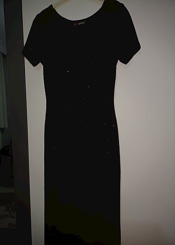 Siyah kare Yaka Uzun simli Kadın Abiye Elbise - Görsel 2