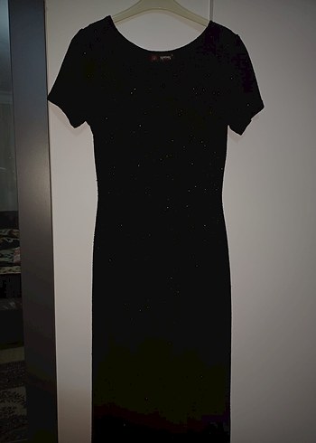 Siyah kare Yaka Uzun simli Kadın Abiye Elbise - Görsel 3