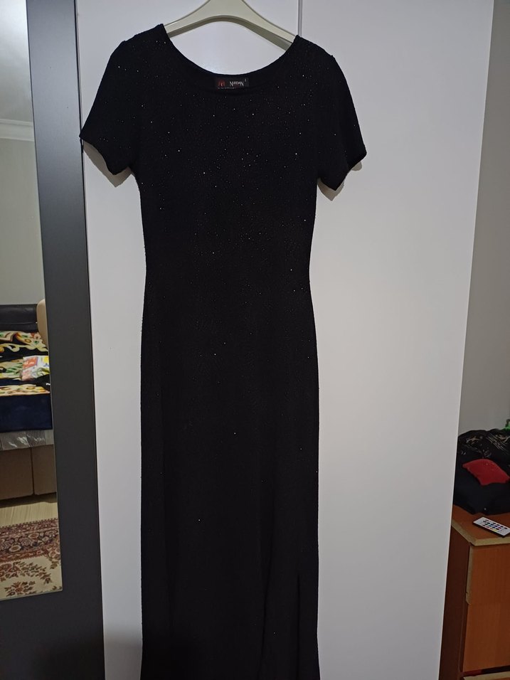 Siyah kare Yaka Uzun simli Kadın Abiye Elbise - Görsel 4